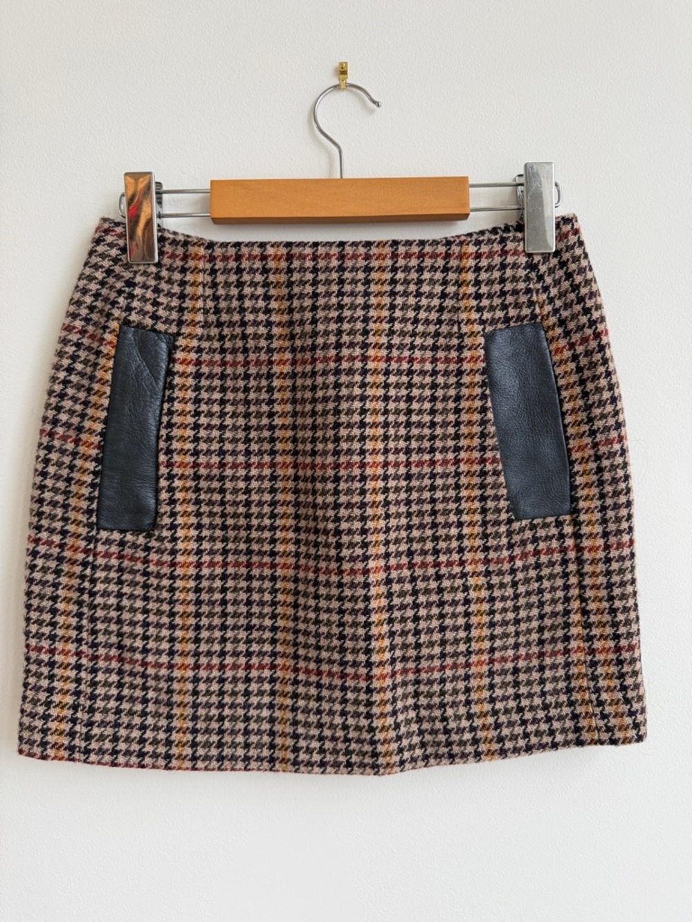 Maje Brown Plaid Mini Skirt with Black Faux Leather Pockets